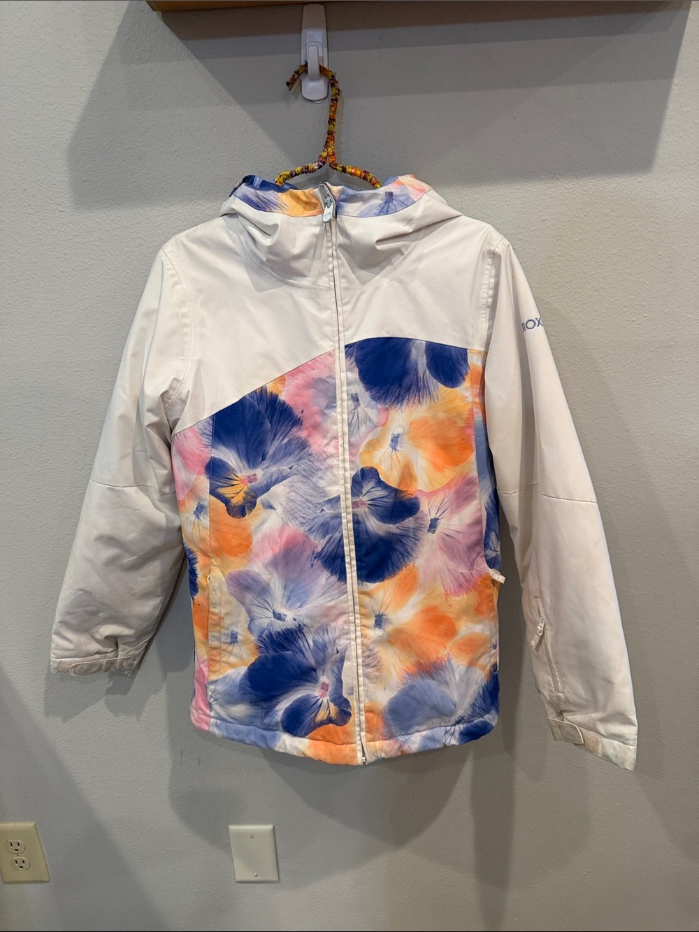 Floral Colorblock Hooded Jacket - White, Blue, Orange, Pink, zipper works great